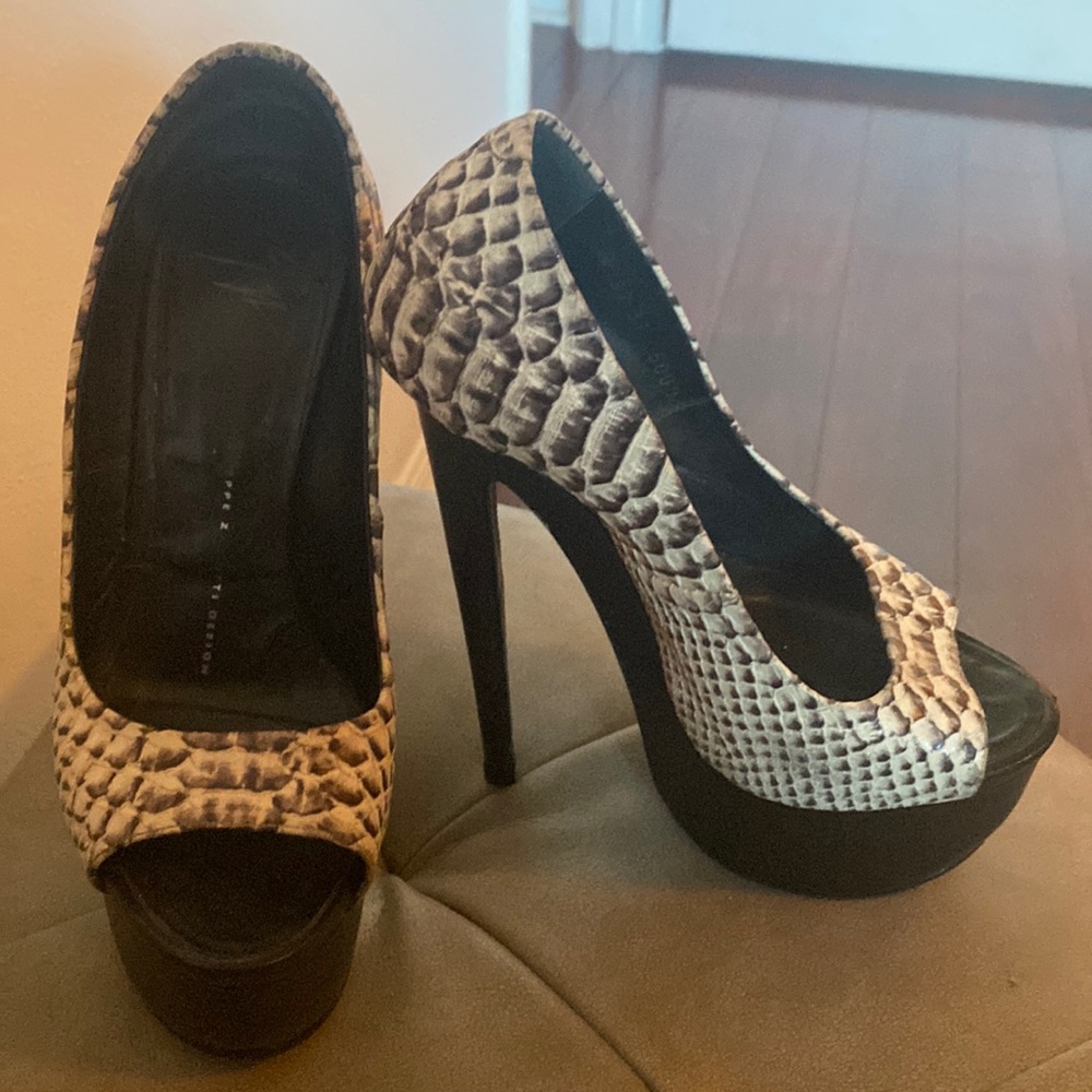 Giuseppe Zanotti Black and White Animal Print Leather High Heels size 37